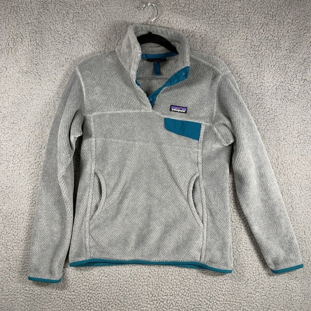 Patagonia Gray and Teal V-Neck Sweater